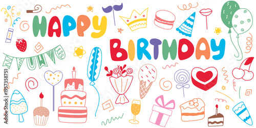 Bright colorful set of holiday attributes. Happy Birthday bundle doodle sketch style. Cute hand drawn illustrations including cake, fireworks, gift, flowers, sweets and more. Vector