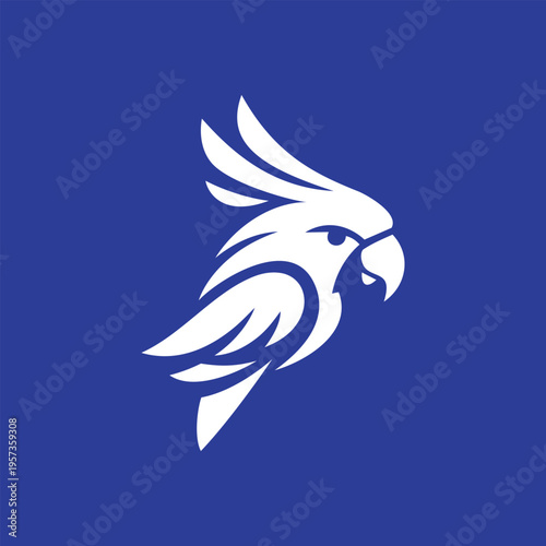 Abstract White Parrot Logo on Blue Background for Modern Brand Identity