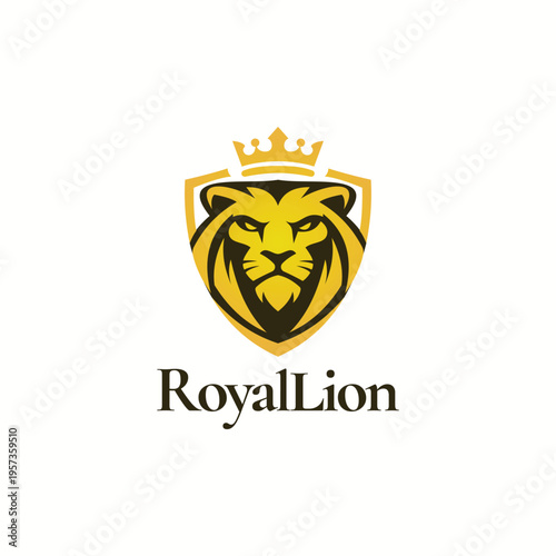 Golden Lion Shield Emblem with Crown for Luxury Brand Identity Logo