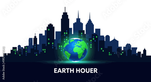 Vector illustration of a city skyline silhouette with a glowing green and blue globe in front, representing World Meteorological Day and Earth Hour with a modern weather icon design