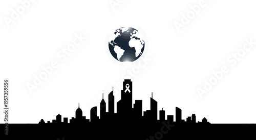 A modern cityscape silhouette with a globe hovering above, symbolizing global meteorology and climate education on World Meteorological Day