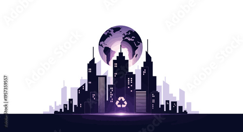 Illustration of a modern cityscape with a purple globe and recycling symbol, representing World Meteorological Day and earth hour in a business district with a city sky silhouette