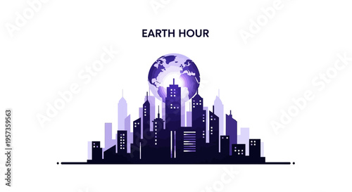 Vector illustration of a cityscape silhouette with a globe and Earth Hour logo on a white background, representing meteorology and climate education