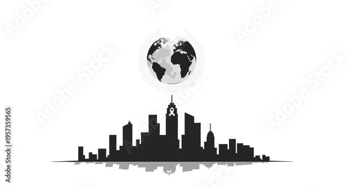 Vector illustration of a cityscape with a globe above, symbolizing World Meteorological Day and meteorology education, set against a clean white background with a modern design