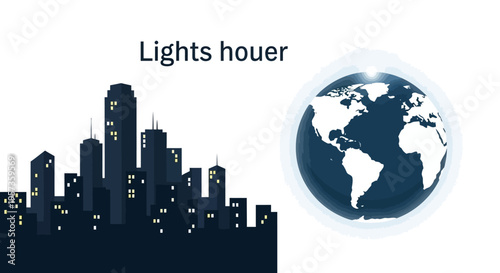 Modern city skyline silhouette with illuminated buildings alongside a globe representing Earth on a white background for World Meteorological Day or Earth Hour educational materials