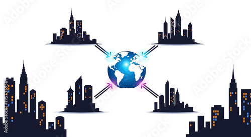 Vector illustration of a globe with city skylines and weather icons, representing World Meteorological Day and global meteorology education