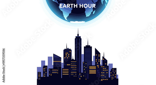 Vector illustration of a cityscape silhouette with a modern weather icon globe featuring Earth Hour for World Meteorological Day and meteorology education concept