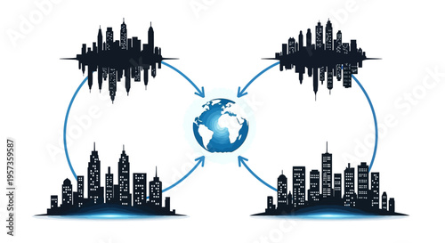 Vector illustration of a globe with city skylines and sound waves on either side, symbolizing global meteorology and weather communication