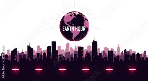 Vector illustration of a cityscape at Earth Hour with a modern weather icon and silhouette of buildings conveying a meteorology and climate education concept