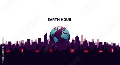 Illustration of a cityscape silhouette with a globe and red lights for Earth Hour, symbolizing meteorology and climate education