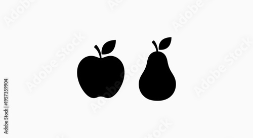 Professional collection of black apple and pear silhouettes with leaves isolated on white background for healthy eating and fruit concepts.
