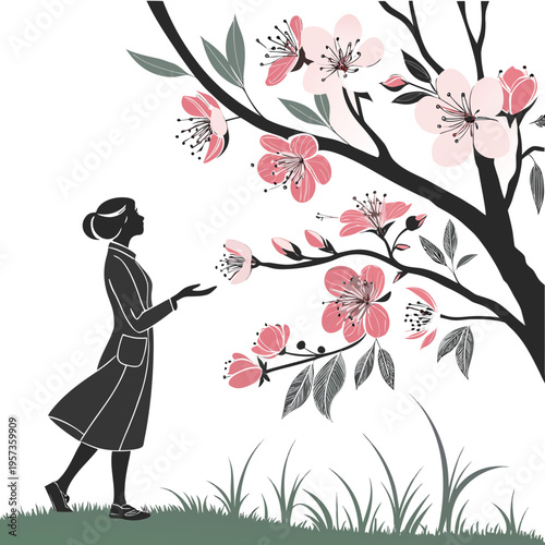 Woman touching pink cherry blossoms flowers tree grass