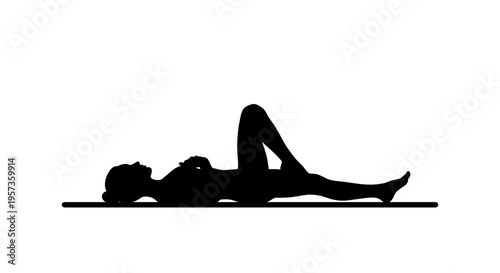 Professional silhouette of a woman lying on a mat in a yoga or stretching pose isolated on white background for wellness and physical therapy concepts.