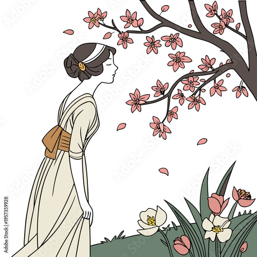 Woman smelling pink cherry blossoms flowers tree dress