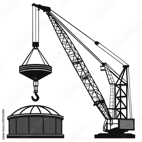 Crane lifting dome onto building construction architecture