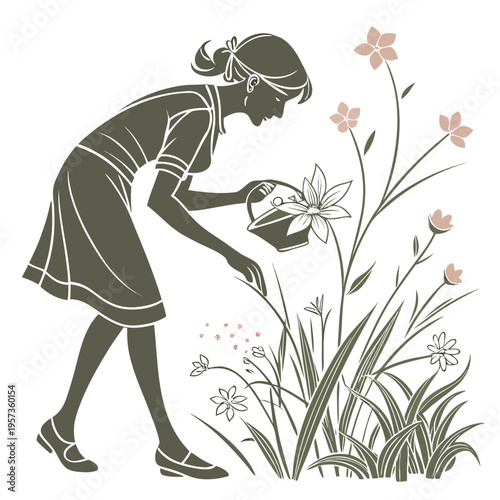 Woman watering plants watering can flowers gardening
