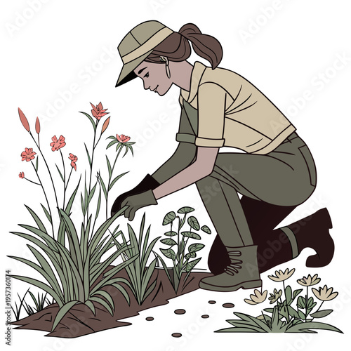 Woman tending plants kneeling gardening