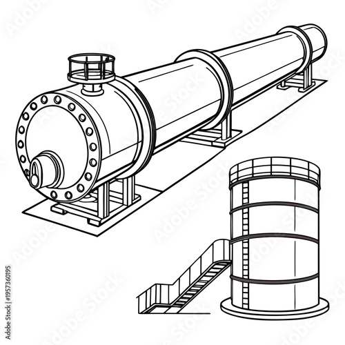 Industrial pipeline system with cylindrical tanks and valves
