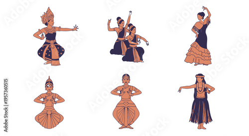 Traditional Cultural World Dance Icon Set and Global Folk Performance Vector Illustration