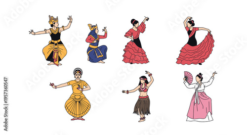 Set of Traditional World Folk Dance Vector Illustrations Featuring Global Cultures and Costumes