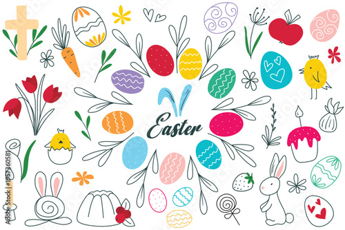 Handdrawn Easter set. Symbols and attributes of spring holiday of Easter, including eggs, bun, flowers, herbs, bunny, chick. Cute illustrations in doodle sketch style, vector graphics