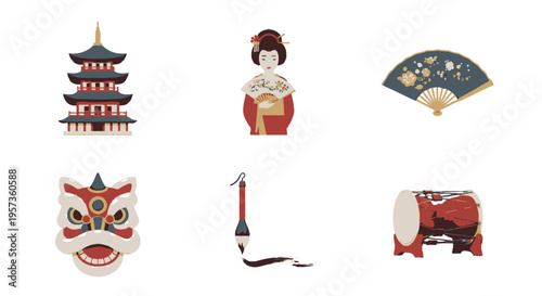 Traditional Asian Culture Icon Set with Pagoda Geisha Lion Mask and Calligraphy Brush Vector Illustration