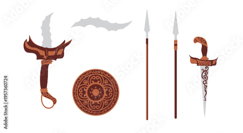Traditional Southeast Asian Heritage Weapons Including Keris Dagger Shield and Spears Vector