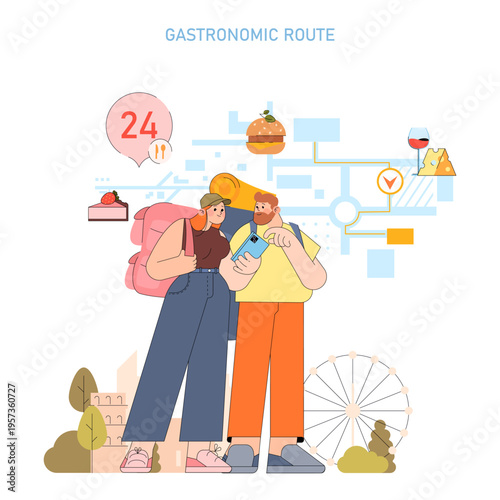 Gastronomic Route Planning Vector Illustration