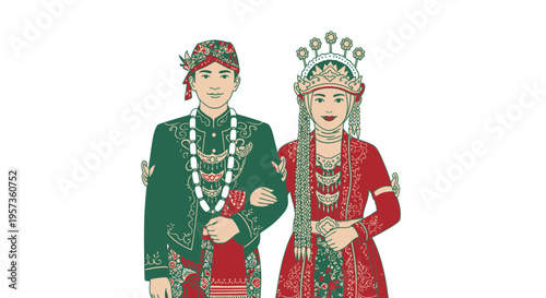 Traditional Indonesian Wedding Couple in Ethnic Costume Vector Illustration