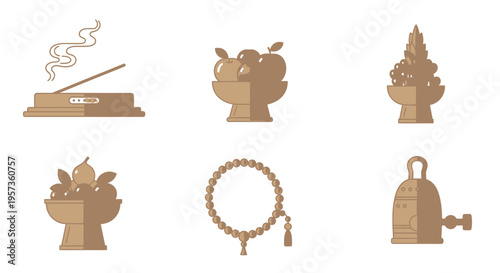 Sacred Buddhist Ritual Objects and Offering Icons Vector Illustration Set in Sepia Tone