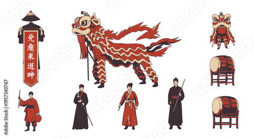 Traditional Chinese Lion Dance and Cultural Parade Festival Icon Set Illustration Vector
