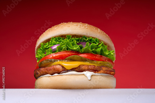 Cheeseburger with Lettuce Tomato and Bacon on Red Background