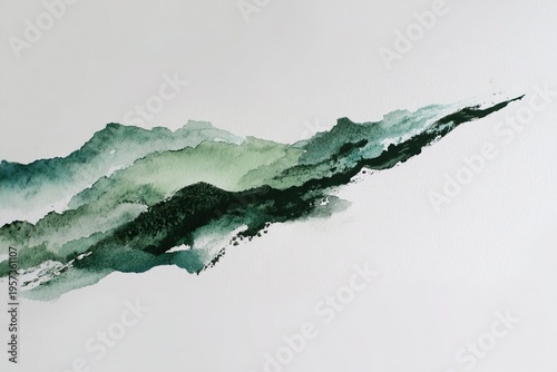 Asymmetric zen ink watercolor abstract, pale green mountain haze oriental background