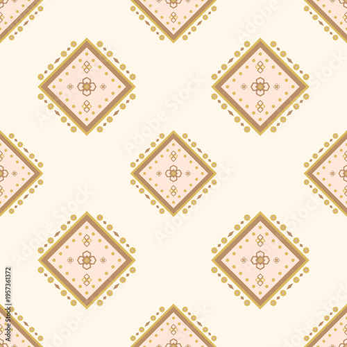 Elegant diamond motifs pattern seamless with geometric floral in soft beige, warm brown and muted gold tones. Ethnic pattern background. Dotted, abstract flower, symmetry, luxury, modern, vintage conc