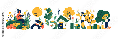 Sustainable lifestyle illustration with people gardening planting trees harvesting fruits and eco friendly home surrounded by green foliage in flat minimalist style