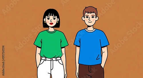 Young woman and man standing together with neutral expressions  