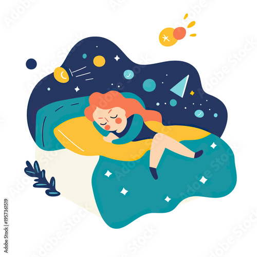 Woman sleeping in bed with dreamlike space background stars planets and comets flat vector illustration of peaceful night rest and relaxation concept for insomnia relief and calm sleep
