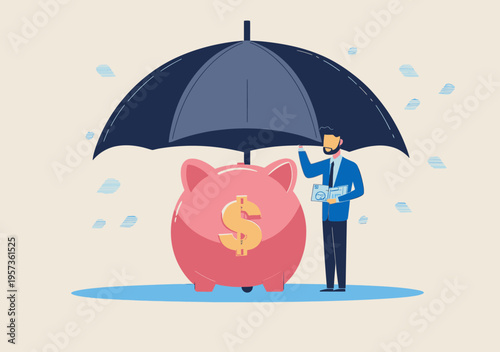 Businessman protecting piggy bank with large umbrella symbolizing financial security savings investment and economic protection in rainy weather concept vector illustration