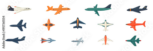 Set of twelve flat minimalist vector airplane icons in various colors and styles isolated on white background for aviation and transport concepts