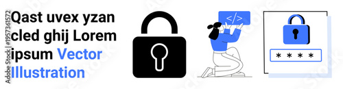 Cybersecurity, password protection, coding, online safety, encryption, data privacy. Visual of lock icon, programmer with code password entry. Cybersecurity and password protection
