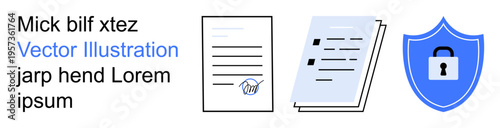 Data protection, document authorization, digital security, privacy assurance, identity verification, cybersecurity. Signed paper, stacked pages and shield with lock. Focus on data protection