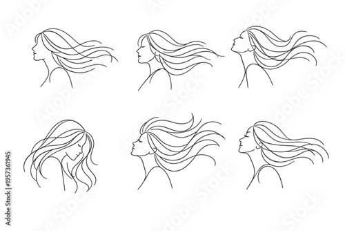 Minimalist woman face line art with flowing hair – abstract feminine continuous line illustration
