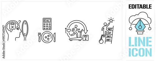 Editable line icon set in a black simple and clean vector outline stroke for weight loss, diet struggle, calorie counting, treadmill workout, body image obsession and healthy lifestyle habits.