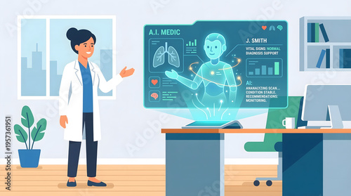 Minimal flat vector illustration of doctor interacting with AI holographic medical assistant, ambient intelligence, clinical workflow, predictive analytic