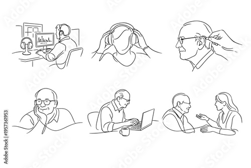 Hearing aid consultation line art – audiology clinic minimal continuous line illustration