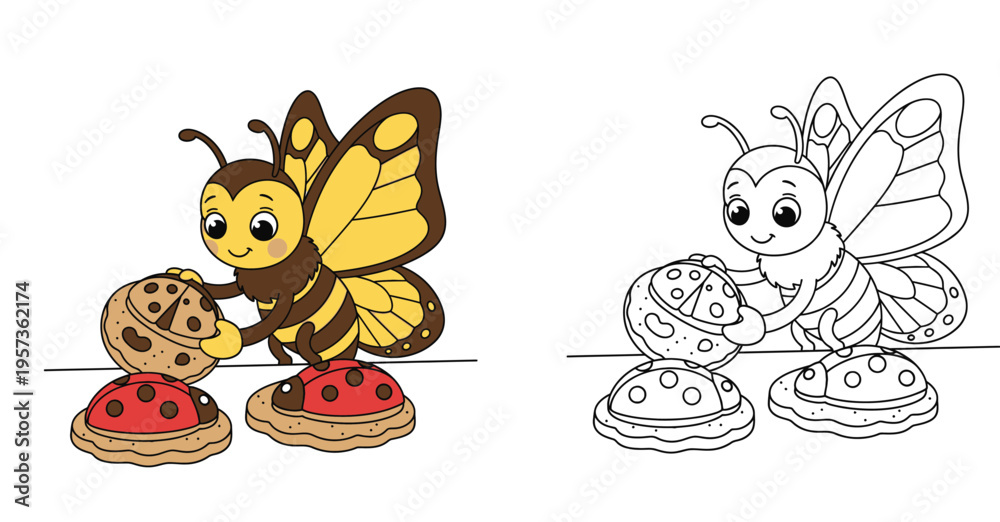 Obraz premium Cute Butterfly Baking Cookies - Adorable Cartoon Character with Ladybug and Cookie Designs