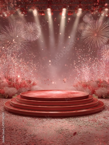 Red Circular Stage With Fireworks And Confetti For Celebration Event celebratory decor