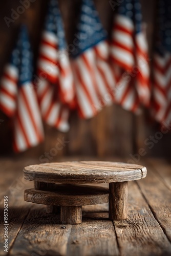 Rustic Wooden Pedestal with American Flags Hanging in Blurred Background wooden stand wooden platform