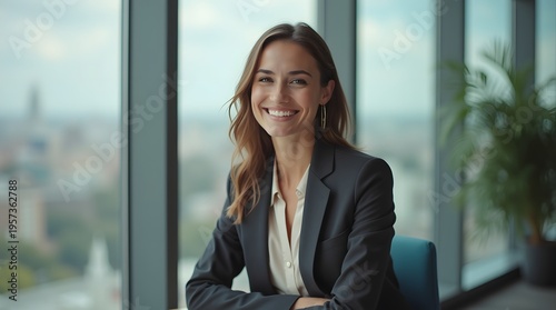 Confident Businesswoman Smiling at Her Desk with Urban City View Through Large Windows Free Download Confident Businesswoman Smiling at Her Desk with Urban City View Through Large Windows - GFXLoad