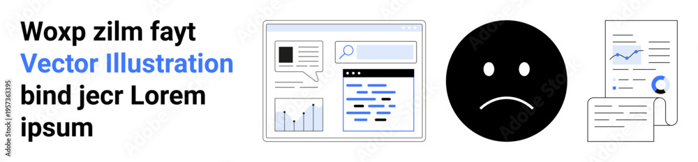 Fototapeta premium Analytics, user experience, data communication, search engine navigation, online feedback, document processing. Sad face, text charts and search interface feedback and analytics concepts. Analytics